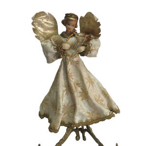 VTG Wax Angel Tree Topper 9" Western Germany Gold Dress Playing Harp Foil Wings